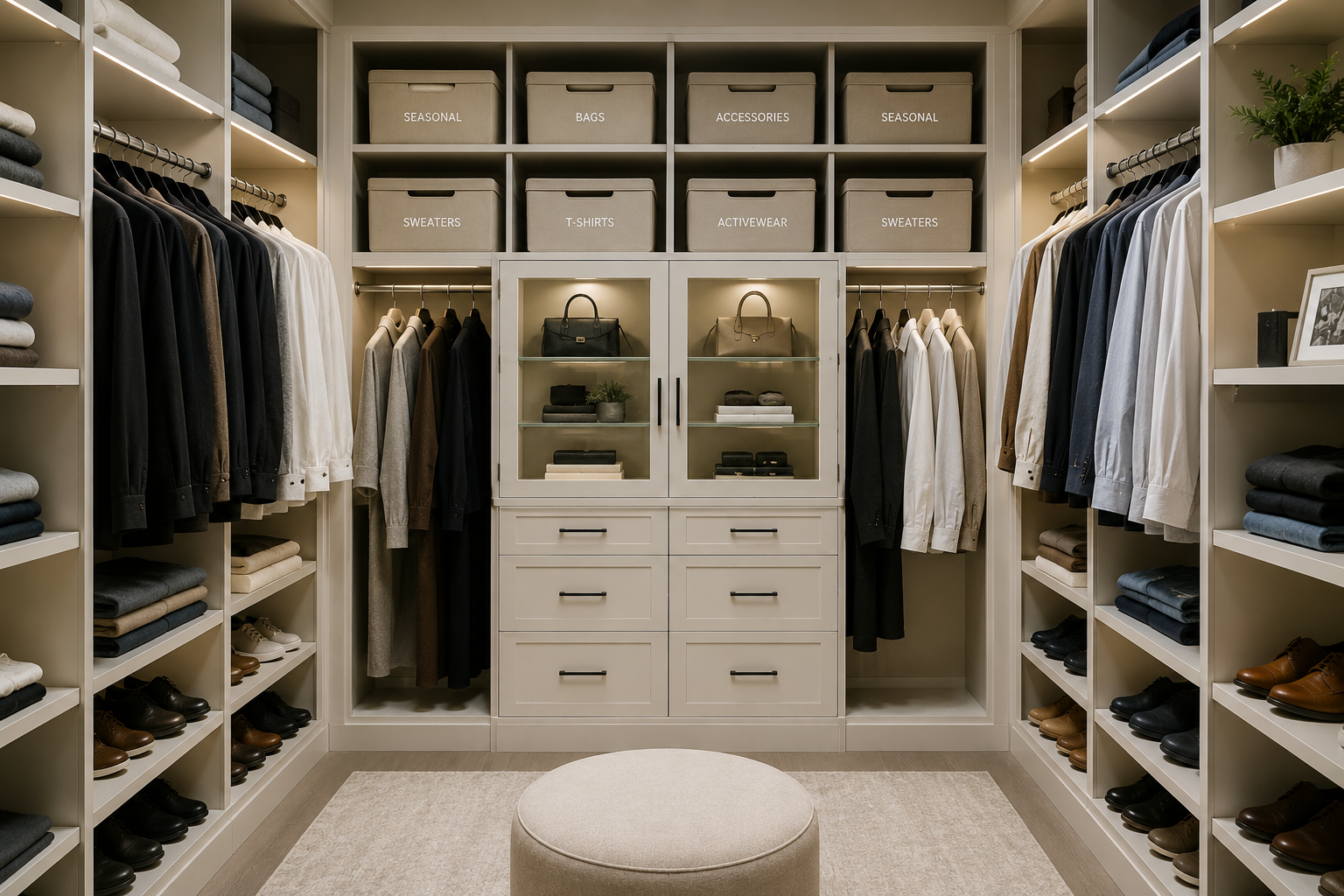 Neatly organized walk-in closet with labeled bins and hanging clothes