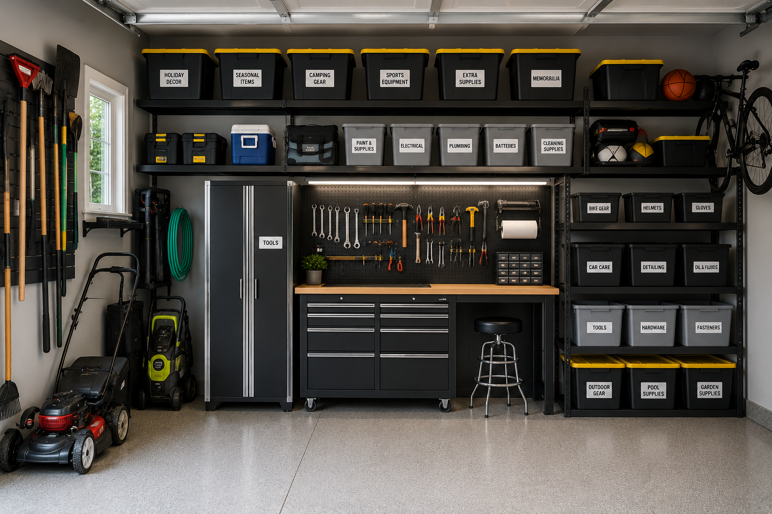 Organized garage with wall-mounted storage racks and labeled bins