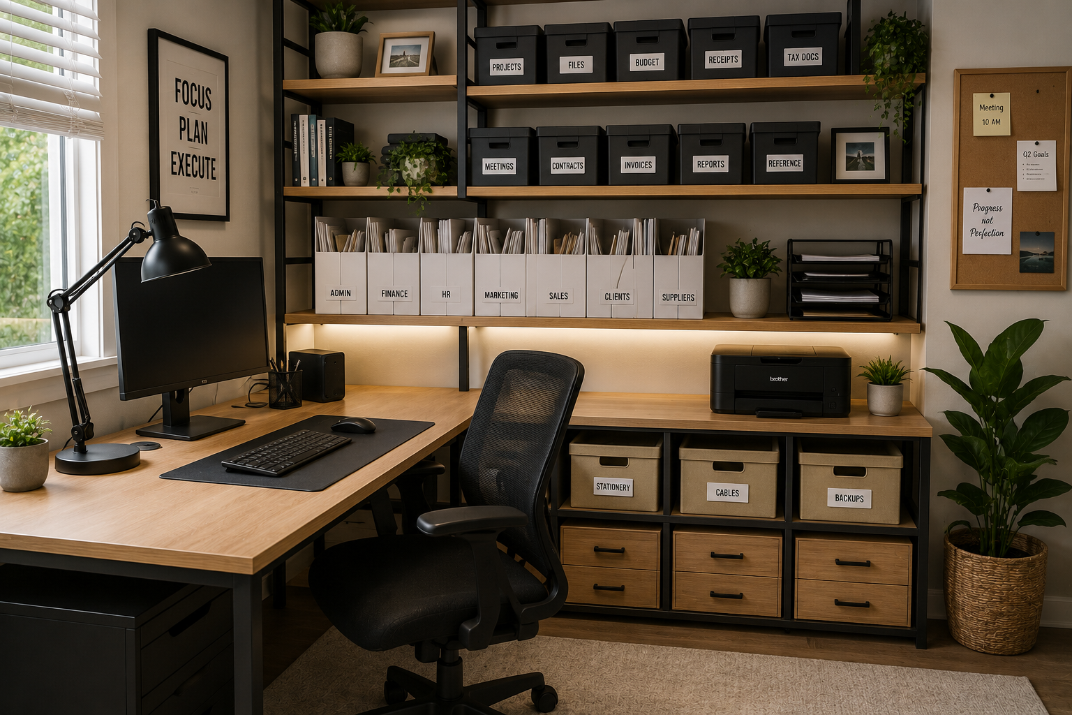 Organized home office desk and shelving with labeled file storage