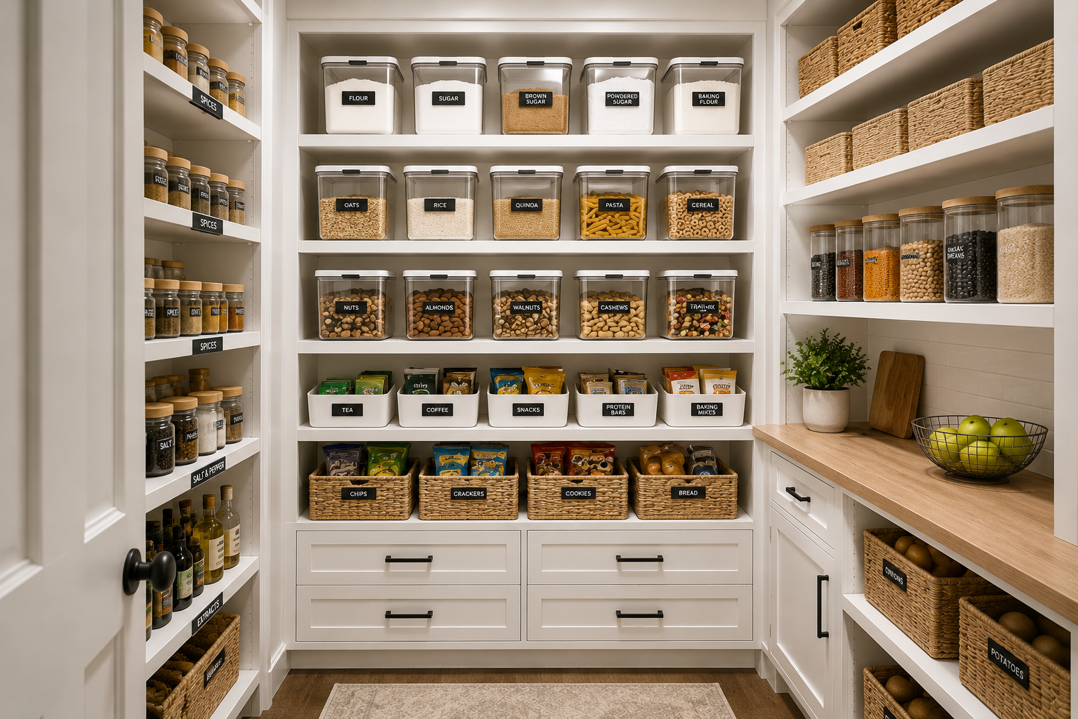 Organized kitchen pantry with labeled containers and matching bins